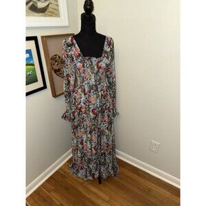 Cinq à Sept Leigh Floral Print Ruffle Maxi Dress 6 Smocked Slit Sleeve Prairie